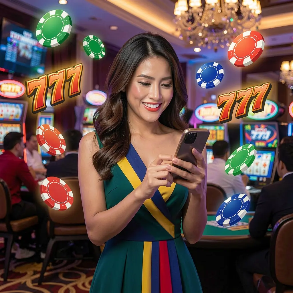 Confident Filipino woman enjoying the D9D9.VIP casino app with glowing poker chips and 777 slot symbols floating around her