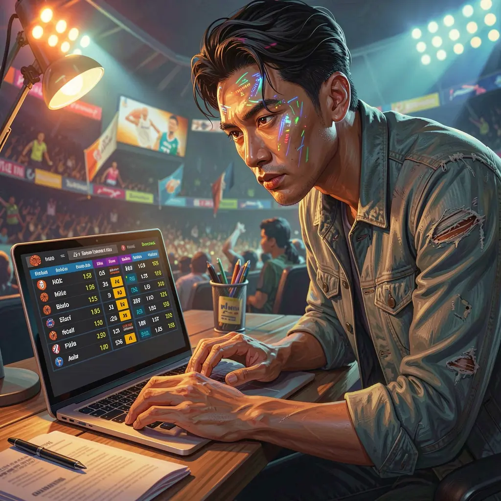 D9D9 VIP – Place smart live sports bets with real time odds in the Philippines Focused Filipino bettor analyzing live basketball odds on a laptop with colorful stadium lighting while using D9D9 VIP for sports betting in the Philippines