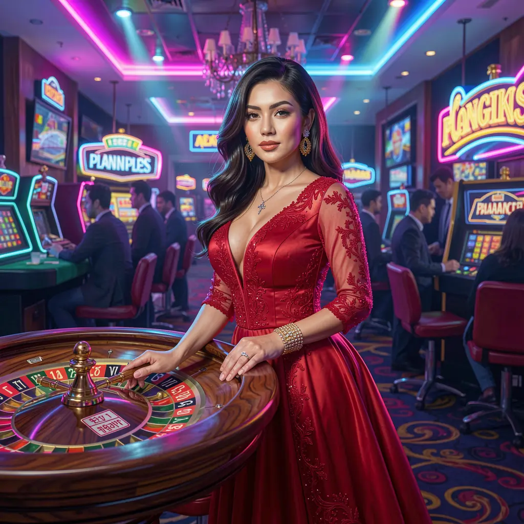 Stylish female casino player standing near a modern roulette table with neon lighting at D9D9.VIP showcasing the immersive live casino experience in the Philippines