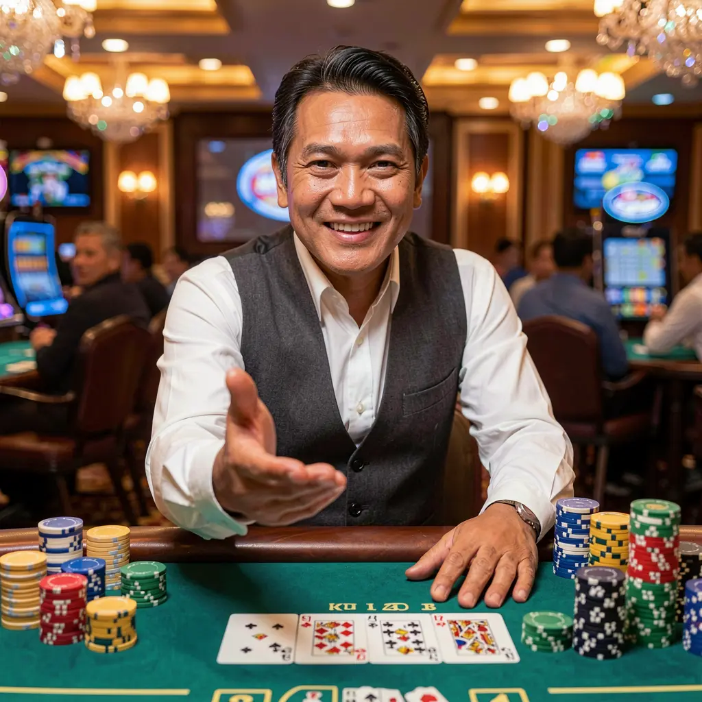 Confident Filipino casino dealer reaching forward with flying poker chips symbolizing fast and rewarding gameplay at D9D9.VIP