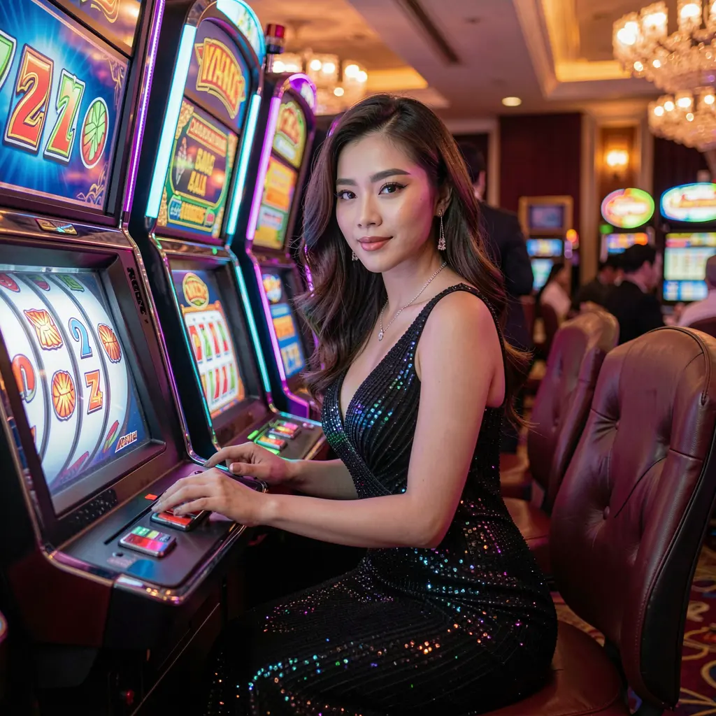 A confident woman in a sparkling red dress standing in a neon lit casino environment symbolizing high energy slot gaming on D9D9.VIP for players in the Philippines